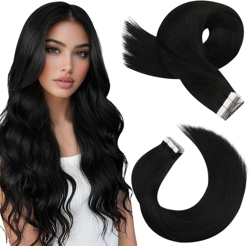 Moresoo Black Tape in Hair Extensions Real Human Hair 20Pcs Natural Black Hair Extensions Tape in 14 Inch 40G Staight Hair Glue in Extensions for Women Color #1B - Image 1